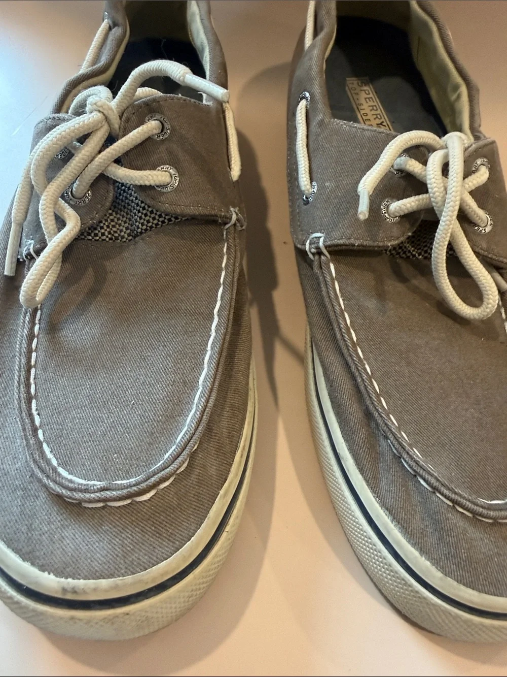 Sperry Taupe Canvas Boat Shoes with White Laces Size 12